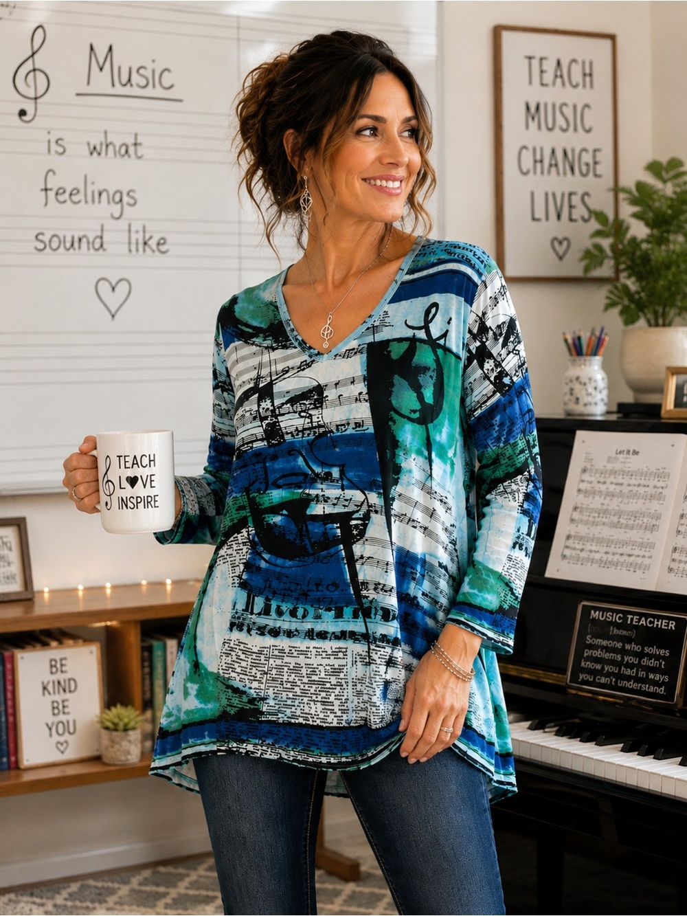 Parsley & Sage L Music Notes Newspaper Print Rayon Tunic Top Artsy Teacher
